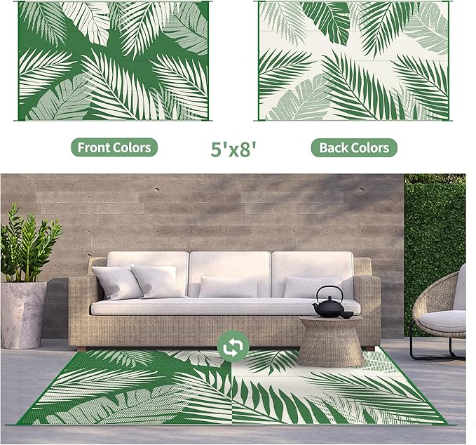 GENIMO Outdoor Rug 5' x 8' Waterproof for Patios Clearance, Reversible Plastic Straw Camping Rug Carpet, Large Area Rugs Mats for RV, Picnic, Backyard, Deck, Balcony, Porch, Dark Green&White-Ruum Studio Home