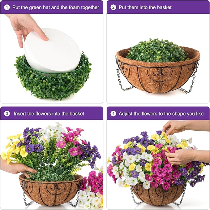 Artificial Faux Hanging Plants Flowers Basket for Spring Summer Outdoors Decoration, Fake Silk Colorful Morning Glory with Eucalyptus Look Real UV Resistant for Outside Porch Patio Balcony Garden Home-Ruum Studio Home