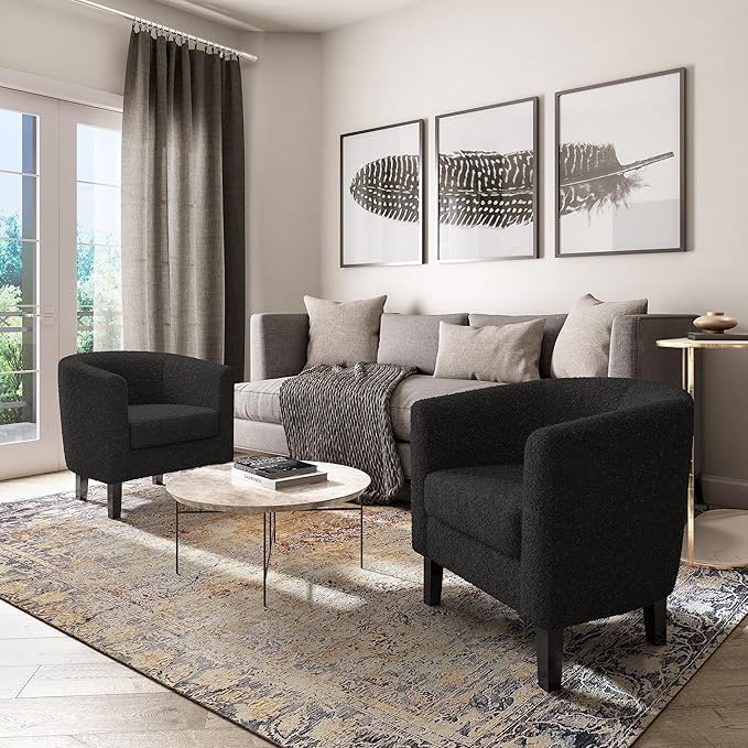 BELLEZE Living Room Chairs Set of 2, Teddy Polyester Accent Barrel Chairs, Club Tub Sofa Chairs for Bedroom, Corner Chairs with Flared Legs and Cozy Soft Padding - Highland (Teddy Black)-Ruum Studio Home