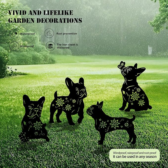 4 Pack Bulldog Metal Garden Decorative Stakes, Weather Proof Puppy Silhouette Statues for Yard, Patio,Outdoor Decor for Bulldog Lovers and Pet Owners-Ruum Studio Home
