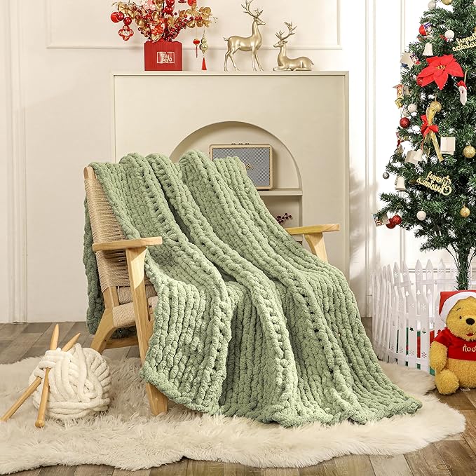 WESHIONGOO Chunky Knit Blanket Throw 50"×60" Knitted Throw Blankets for Couch Bed Fluffy Soft Blanket with Jumbo Chenille Yarn Thick 100% Handmade (Sage Green)-Ruum Studio Home
