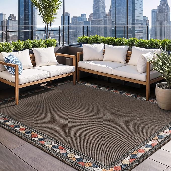 Beverly Rug Outdoor Rug 10x14 Modern Bordered Large Area Rugs for Indoor and Outdoor Patio Easy to Clean Non Shedding Living Room Porch Garden Washable Outside Carpet (10 x 14 Brown)-Ruum Studio Home
