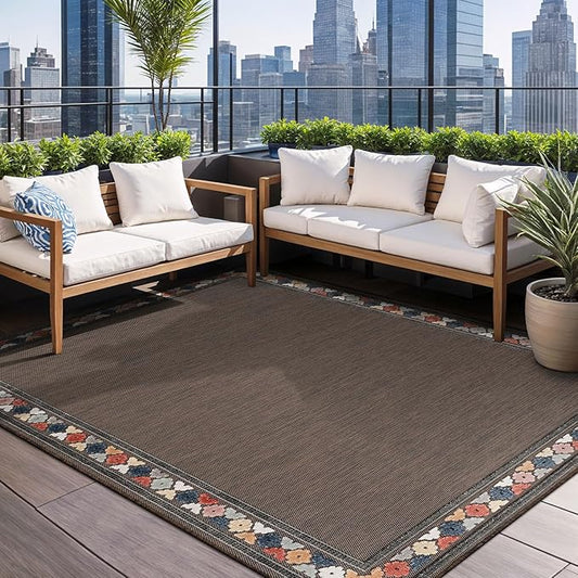 Beverly Rug Outdoor Rug 4x6 Modern Bordered Area Rugs for Indoor and Outdoor Patio Easy to Clean Non Shedding Living Room Porch Garden Washable Outside Carpet (4 x 6 Brown)-Ruum Studio Home