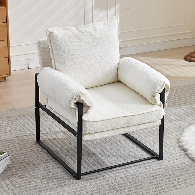 YISHENG Accent Chair with 6-Angle Adjustable Backrest, Chenille Fabric Living Room Chair Upholstered Lounge Chair, Modern Chair Cozy Reclining Chair for Reading Room, 1PC White-Ruum Studio Home