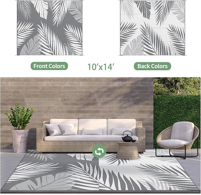 GENIMO Outdoor Rug 10' x 14' Waterproof for Patios Clearance, Reversible Outdoor Plastic Straw Camping Rug Carpet, Large Area Rugs Mats for RV, Camper, Deck, Balcony, Porch, Beach, Picnic, Grey&White-Ruum Studio Home
