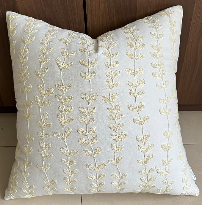 VAGMINE Embroidered Floating Leaves Throw Pillow Cover - 18x18 Inches Square - 100% Cotton Ivory Decorative Cushion Cover - Timeless Nature-Inspired Accent for Sofa, Couch & Modern Decor - Cream-Ruum Studio Home