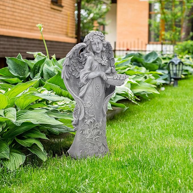 Outdoor Statues Angel Décor Garden Statue- 23.5" H Angel Statue,Resin Angel with Bird Figurine, Ideal for Yard, Patio, Deck, Home Entryway, and Hallway（Grey）-Ruum Studio Home