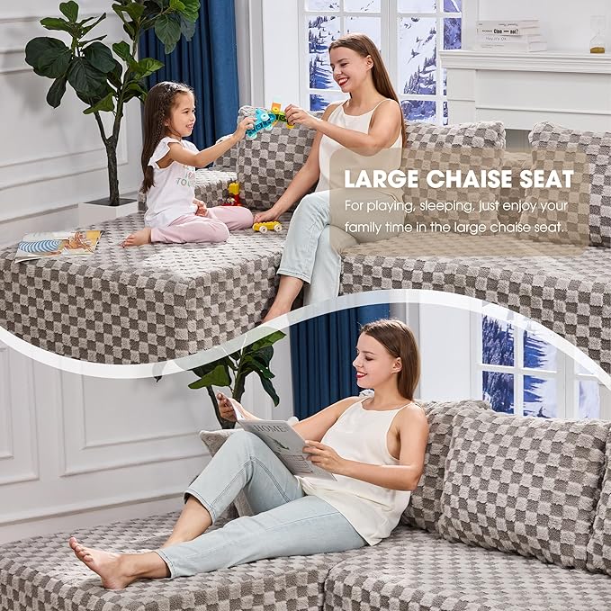 Hobestluk 96” Modular Sectional Sofa Couches L-Shape Couch 3 Seat Modular Sofa Memory Foam Sectional Couches for Living Room, Cloud Couch with Oversized Chaise (Grey, Checked (Left Facing Chaise))-Ruum Studio Home