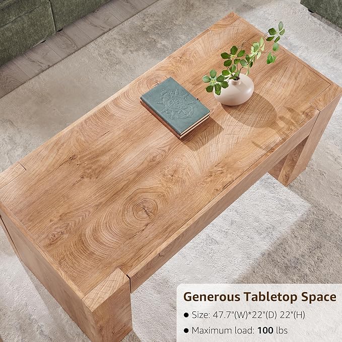 OKD 48" Modern Farmhouse Coffee Table, Wooden Living Room Table with Hidden Storage Drawer, Rustic Rectangular Center Tables w/Wood Thick Design for Living Room, Office, Light Knotty Wood-Ruum Studio Home