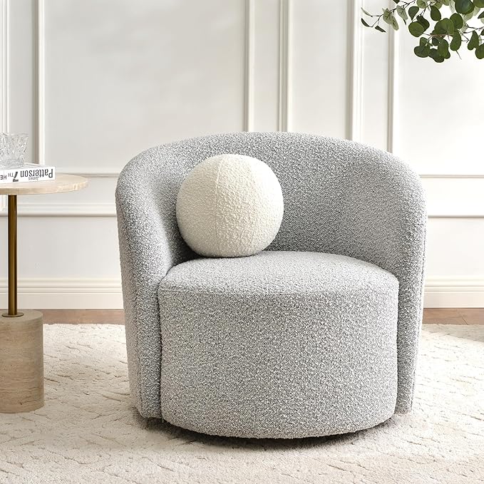 KINWELL Sherpa Swivel Barrel Chair & Round Ball Pillow Set - 34" Wide Modern Boucle Accent Chair with 9” Matching Nordic Decorative Throw Pillow for Living Room and Bedroom(Black White)-Ruum Studio Home
