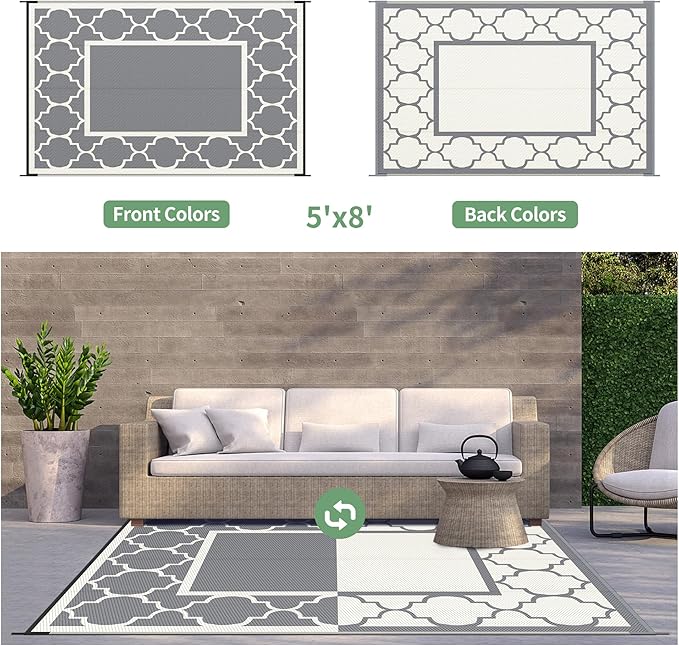 GENIMO 5 ' x 8 ' Outdoor Rug for Patio, Waterproof Indoor Outdoor Plastic Straw Rugs Carpet, Reversible Outside Area Mat for Camping, Balcony Porch, Deck, Picnic, Beach Grey & Beige White-Ruum Studio Home