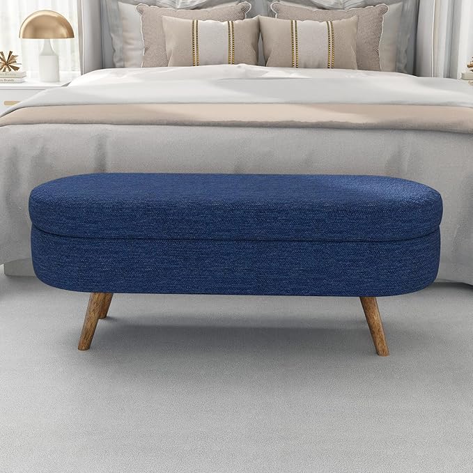 Oval Storage Bench 43.5" Linen Fabric Upholstered Entryway Bench with Solid Wood Legs Ottoman Bench Indoor Bench for Living Room/Bedroom/End of Bed/Entryway (Dark Blue)-Ruum Studio Home