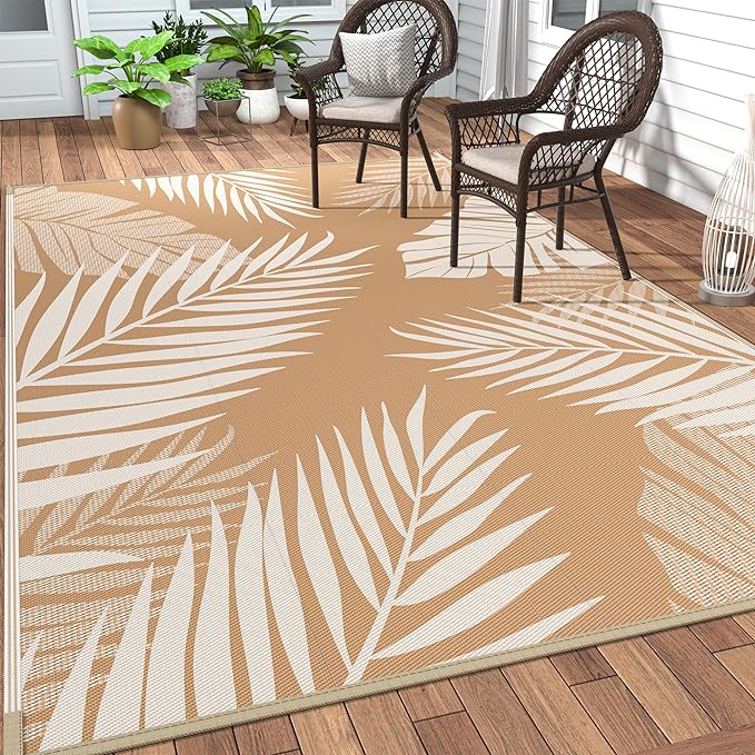 GENIMO Outdoor Rug 9' x 12' Waterproof for Patios Clearance, Reversible Outdoor Plastic Straw Camping Rug Carpet, Large Area Rugs Mats for RV, Camper, Deck, Balcony, Porch, Beach, Picnic, Brown&Beige-Ruum Studio Home