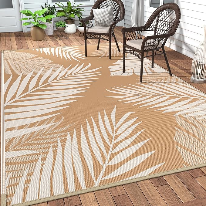 GENIMO Outdoor Rug 5' x 8' Waterproof for Patios Clearance, Reversible, Plastic Straw Camping Rug Carpet, Large Area Rugs Mats for RV, Picnic, Backyard, Deck, Balcony, Porch, Beach, Brown&Beige-Ruum Studio Home