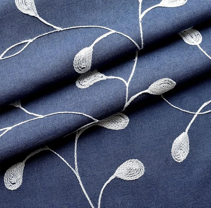 MIUCO Floral Embroidery Semi Sheer Curtains Faux Linen Grommet Window Curtains for Living Room 52 x 63 Inch 2 Panels, Navy Blue-Ruum Studio Home