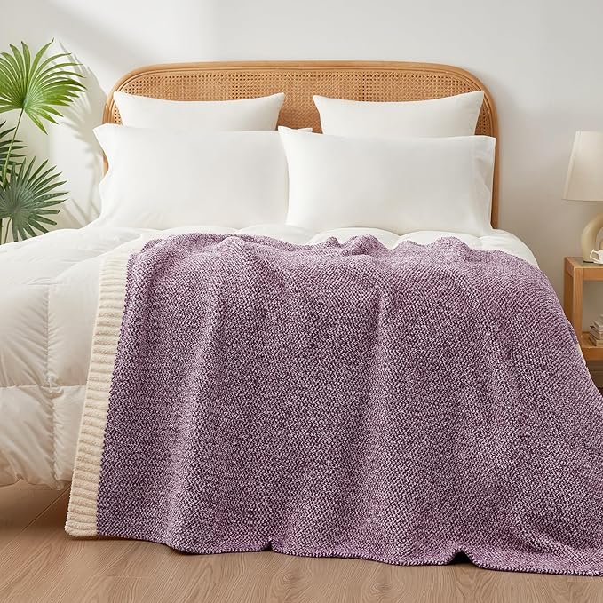 Snuggle Sac Purple Reversible Super Soft Blanket Twin Size for Bed and Sofa, Warm Cozy Knit Blankets Fuzzy Plush, Heather Purple, 60x80 inches-Ruum Studio Home