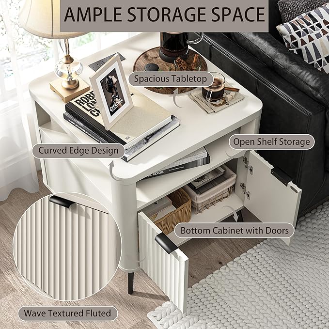 Nightstand Set of 2 with Charging Station, 24" End Table Side Table with Open Shelf, Modern Large Wood Fluted Bedside Cabinet for Bedroom, Living Room, White-Ruum Studio Home