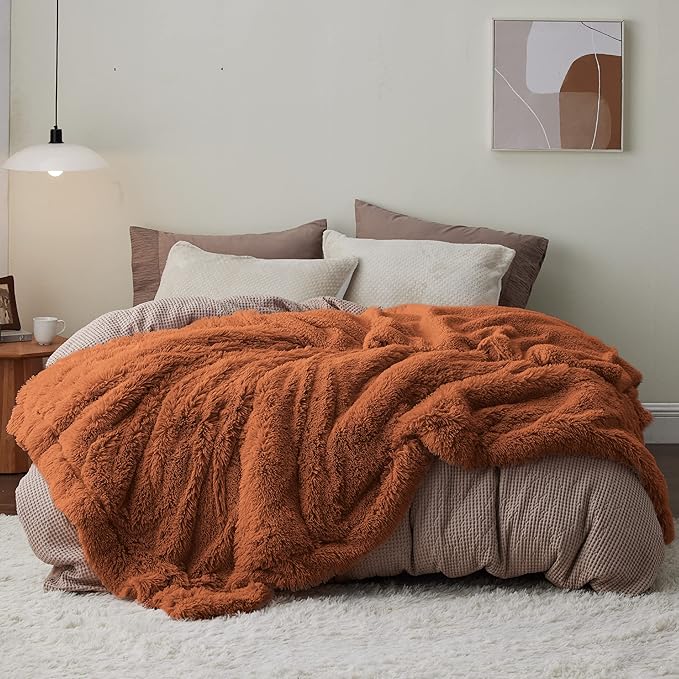 Bedsure GentleSoft Fluffy Burnt Orange Blankets Queen Size for Bed, Cozy Thick Sherpa Faux Fur Fleece Fuzzy Plush Winter Warm Soft Full Queen Blankets, Bedroom Decor Orange Gifts for Women Men, 90x90-Ruum Studio Home