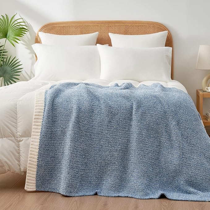 Snuggle Sac Blue Throw Blankets for Couch, Reversible Super Soft Warm Blankets Cozy Knit Blanket Fuzzy Plush Throws for Sofa, Bed, Gift, Heather Blue, 50 x 60 inches-Ruum Studio Home