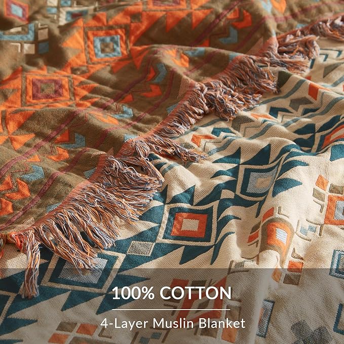 Boho Throw Blanket for Couch Sofa Bed, 100% Cotton Woven Quilt with Tassel 80”x90”, Super Soft Muslin Blanket with Patchwork Printed, Decorative Reversible Bed Blanket/Cover for All Seasons-Ruum Studio Home