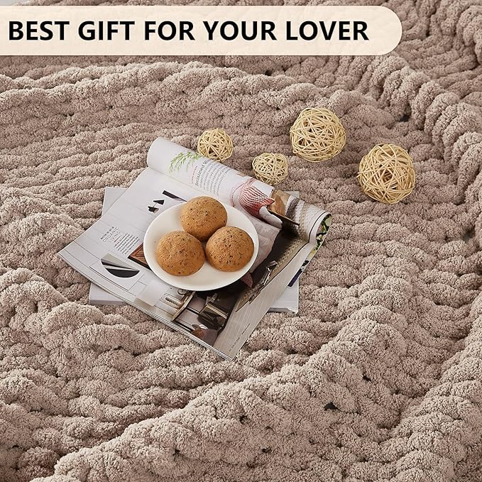 L'AGRATY Chunky Knit Blanket Throw: 72''x84'' Chenille Chunky Knitted Throw Blankets for Bed Couch - Handmade Thick Big Cable Knit Blanket - Large Crochet Rope Blankets for Home Decor(Light Taupe)-Ruum Studio Home