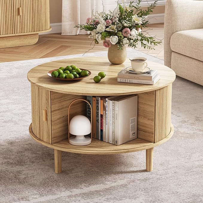 Round Coffee Table with Storage,Fluted Table with 360°Curved Sliding Doors,Solid Wood Legs, Mid Century Modern Center Table for Living Room,Apartment, Home Office,Oak,Natural-Ruum Studio Home