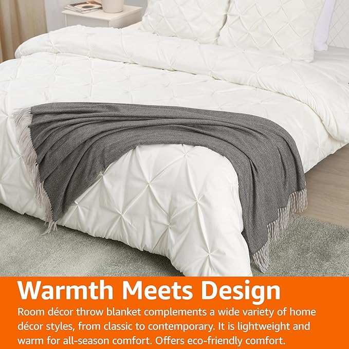Amazon Basics Cozy Room Décor Throw Blanket, Lightweight, Recycled Polyester, Dark Gray and Light Gray Herringbone, 50"x 60"-Ruum Studio Home