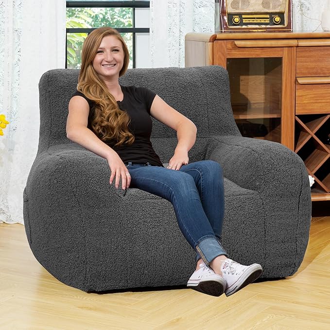 Giant Bean Bag Chair, Lambswool Bean Bag Chair for Adults, Soft Bean Bag High-Density Foam Filled, Grey Comfortable Been Bag for Bedroom, Playroom.-Ruum Studio Home