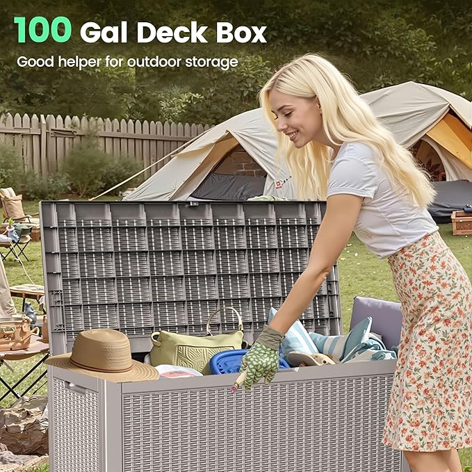 100 Gallon Storage Box, Waterproof Resin Deck Box with Hydraulic Piston Design, Lockable Storage Bench for Package Delivery, Storage Bin for Patio Cushions, Garden Tools, Grey-Ruum Studio Home