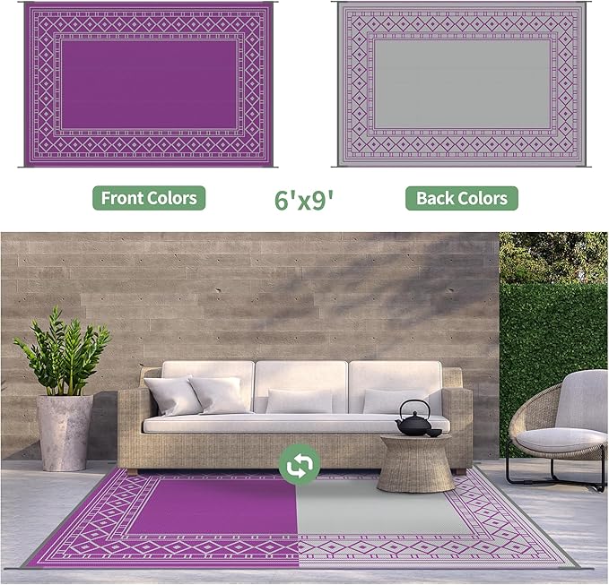 GENIMO Outdoor Rug Waterproof 6'x9' for Patio, Foldable Reversible Plastic Straw Carpet for Travel Trailers, Outside Area Mat for Rv, Deck, Picnic, Porch, Camper, Balcony, Beach, Purple & Grey-Ruum Studio Home