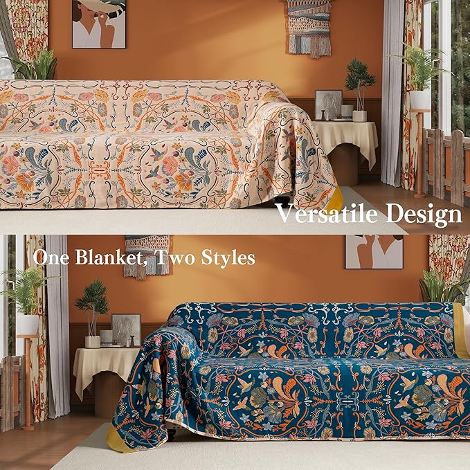 Boho Throw Blanket Twin Size, Soft Cozy Cotton Muslin Quilt Blanket for Bed Decor, Floral Patterned Couch Sofa Chair Cover, Vintage Farmhouse Cottage Tapestry Woven Blanket, Yellow&Blue-Ruum Studio Home