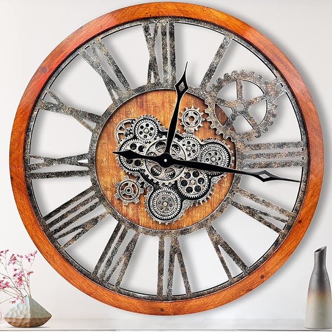 The B-Style Large Wall Clock 36 inch Moving Gear Wall Clock Oversized Vintage Farmhouse Wall Clocks for Living Room Decor Rustic Industrial Wood Clock (Brown and Bronze)-Ruum Studio Home
