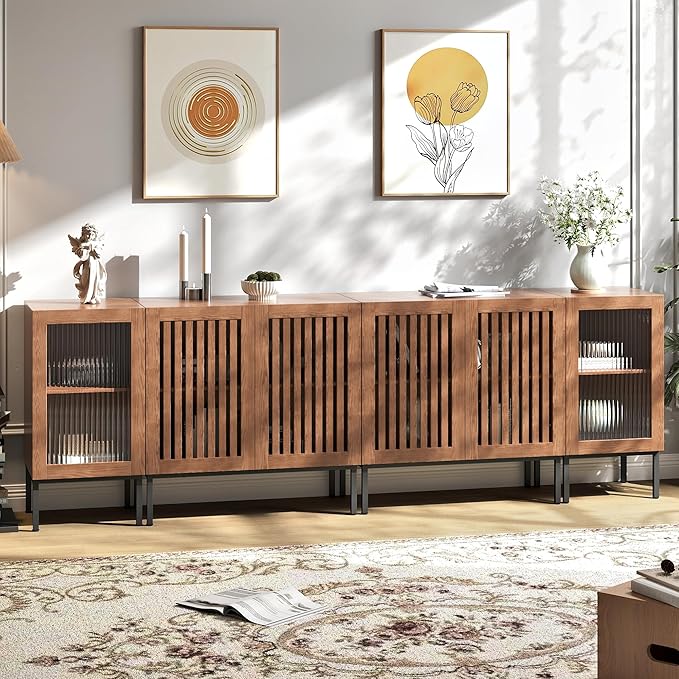 Farmhouse TV Stand for TVs up to 100 Inch, Entertainment Center TV Console with Storage Cabinets and Glass Doors,Media Console for Living Room,Brown-Ruum Studio Home