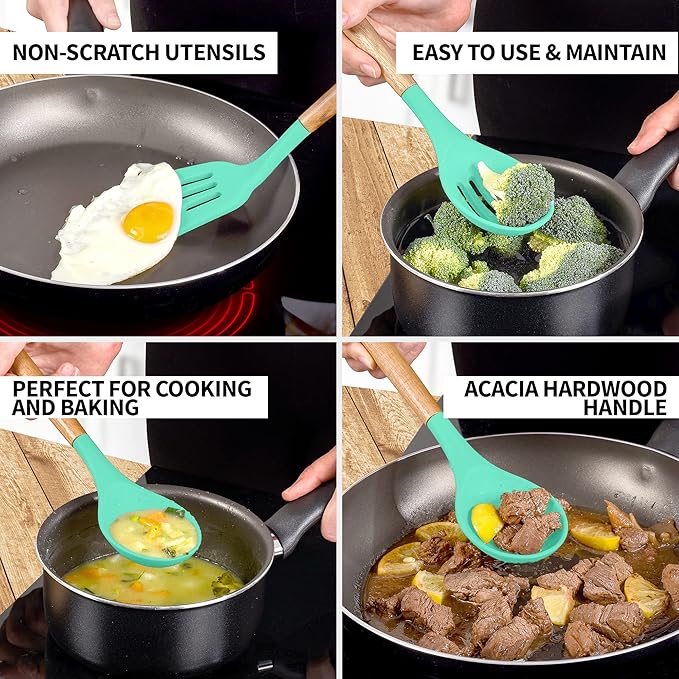 Zulay Kitchen Non-Stick Cooking Utensils Set with Authentic Acacia Wood Handles – 5-Piece Durable & Stylish Silicone Kitchen Utensils Set – Heat Resistant to 464°F – Mint-Ruum Studio Home