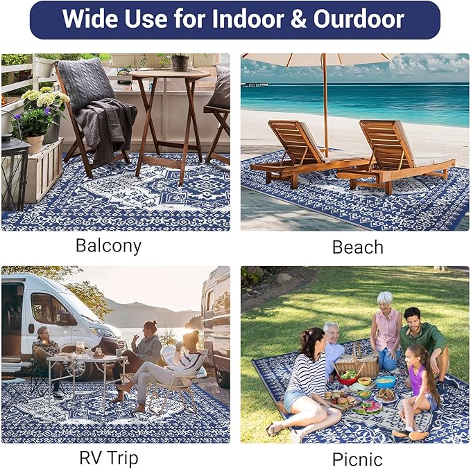 GAOMON Large Outdoor Plastic Straw Rug 10x14 Waterproof Patio Rug Reversible Foldable Portale Camping Mat with Stakes & Bag, Vintage Boho Outside Carpet for RV Garden Deck Porch, Navy-Ruum Studio Home