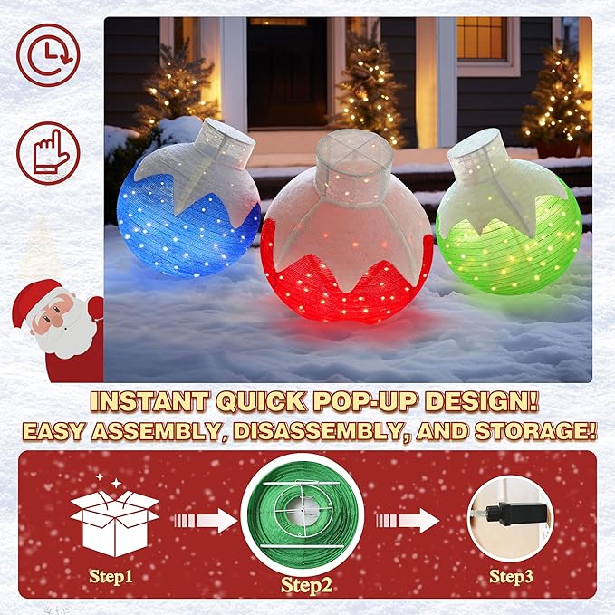 36 Inch Pop-Up Christmas Ball with 90 LED Lights for Outdoor Xmas Decor, 3-Piece Pre-Lit Iridescent Christmas Ball Ornaments Decor with Base, Outdoor 3D Glittered Standing Holiday Display-Ruum Studio Home