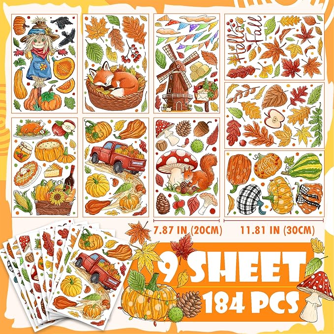 Fall Window Clings Decorations - Leaves Pumpkin Scarecrow Autumn Clings for Glass Windows, Double Sided Reusable Window Stickers, Cute Large Thanksgiving Harvest Window Decals-184 PCS/9 Sheet-Ruum Studio Home