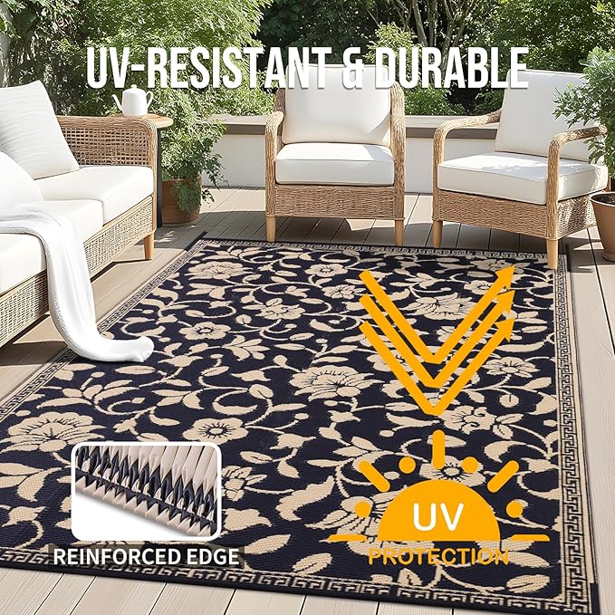 OLANLY Waterproof Outdoor Rug 9x12 ft, Outdoor Plastic Straw Rug with Flower Pattern, Reversible RV Mat for Patio, Camping, Balcony, Deck, Backyard, Black & Beige-Ruum Studio Home