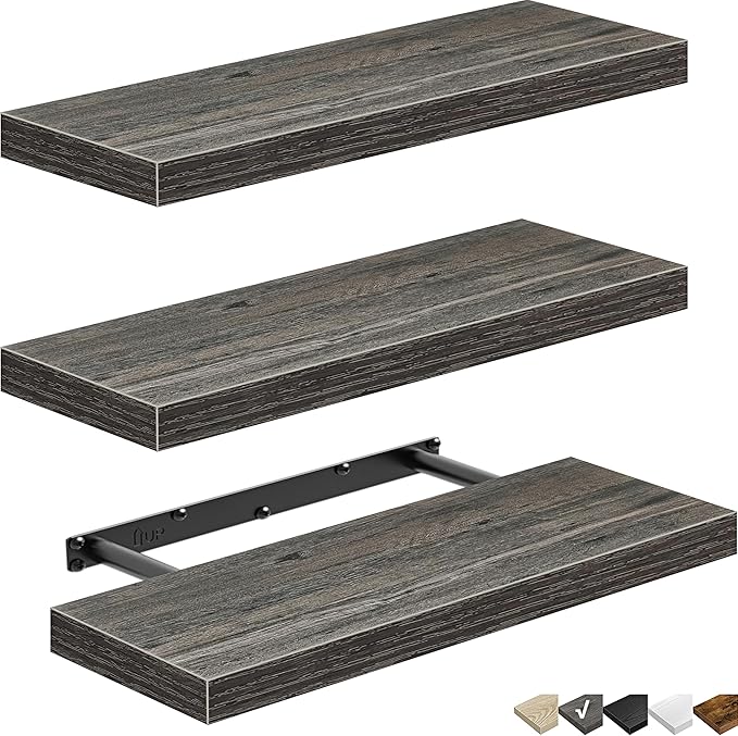 QEEIG Floating Shelves for Wall Bathroom Shelf Bedroom Kitchen Living Room Hanging Book Shelves Small Farmhouse Decor 16 inch Set of 3, Grey (015-GY3)-Ruum Studio Home