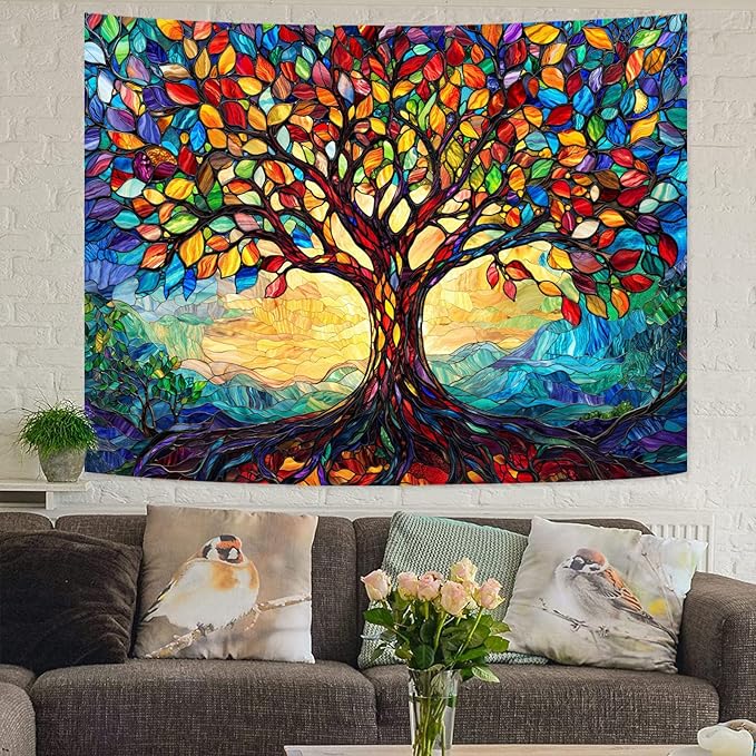Lunerfex Tree of Life Tapestry Stained Glass Tapestry Wall Decor Tapestries for Bedroom Art Tapestries Wall Hanging for Bedroom Living Room Glass-Tree-01 70"x90"-Ruum Studio Home
