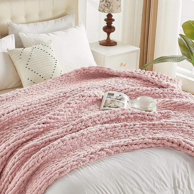 Carriediosa Chunky Knit Throw Blanket 50" X 60", 100% Hand Made Large Chenille Loop Yarn Soft Fluffy Throws for Couch Sofa Bed, Big Crochet Cozy Heavy Thick Cable Woven Blankets, Dusty Pink-Ruum Studio Home