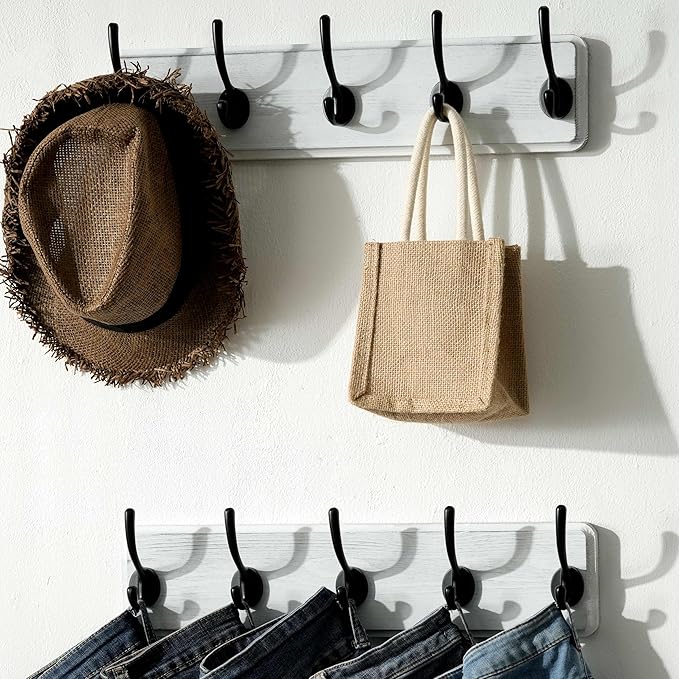 SKOLOO Rustic Wall Mounted Coat Rack, 16 inches Hole to Hole, Case of 2, Pine Solid Wood Coat Hook Hanger - 5 Hooks for Hanging Clothes Robes Towels Coats-Ruum Studio Home