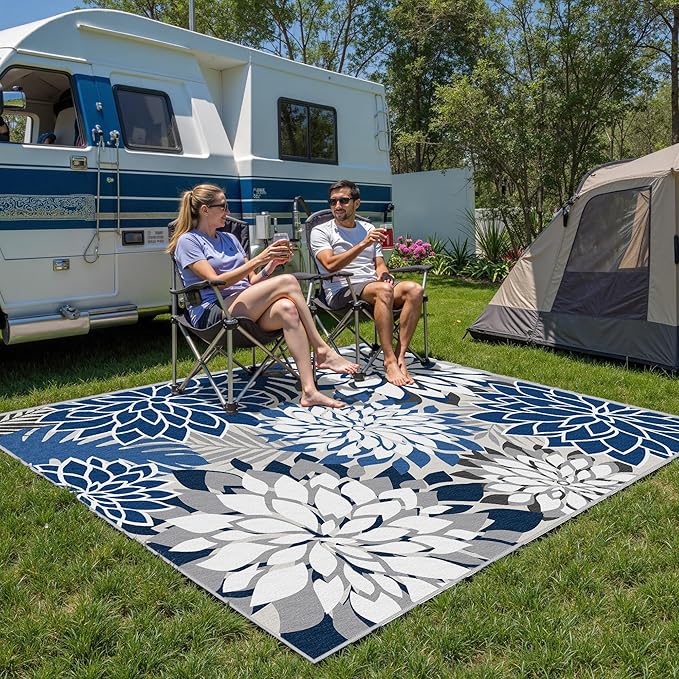 Indoor Outdoor Area Rug Washable Multicolored Patio Rug Tropical Botanical Modern Floral Indoor Outdoor Carpet Blue White Rug Non Slip for Patio, Deck, Backyard, Porch (8x10)-Ruum Studio Home