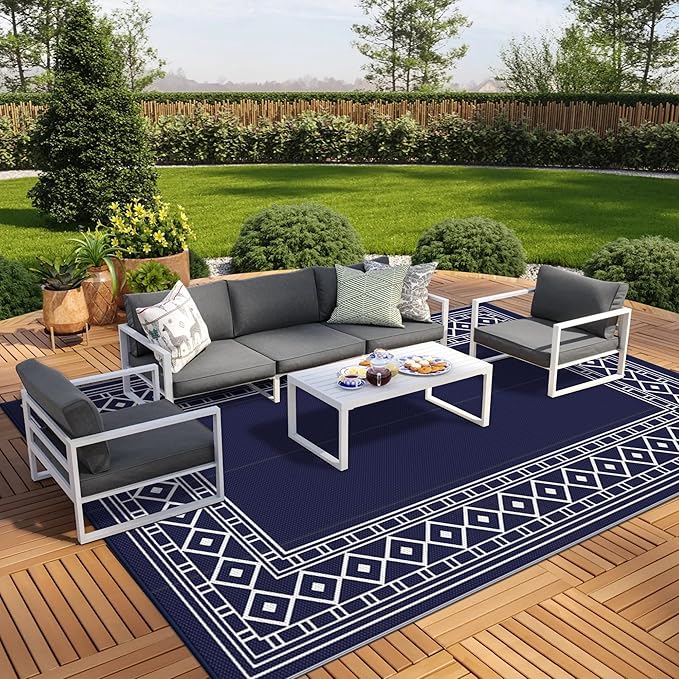 GENIMO Outdoor Rug Waterproof Area 10'x14' for Patio, Foldable Reversible Plastic Straw Carpet for Travel Trailers, Outside Mat for Rv, Deck, Picnic, Porch, Camper, Balcony, Beach, Blue & White-Ruum Studio Home