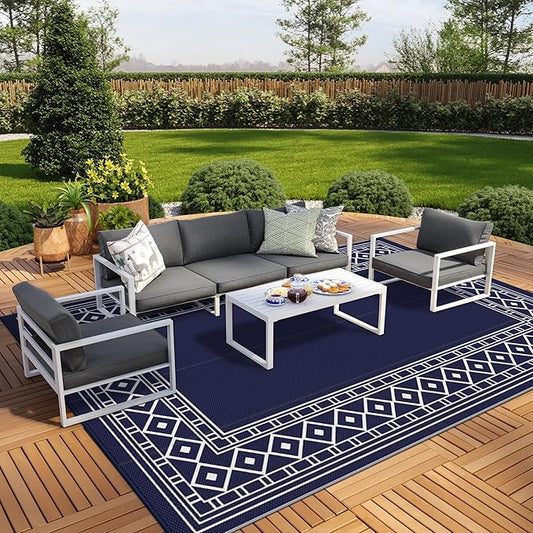 GENIMO Outdoor Rug Waterproof Area 10'x14' for Patio, Foldable Reversible Plastic Straw Carpet for Travel Trailers, Outside Mat for Rv, Deck, Picnic, Porch, Camper, Balcony, Beach, Blue & White-Ruum Studio Home