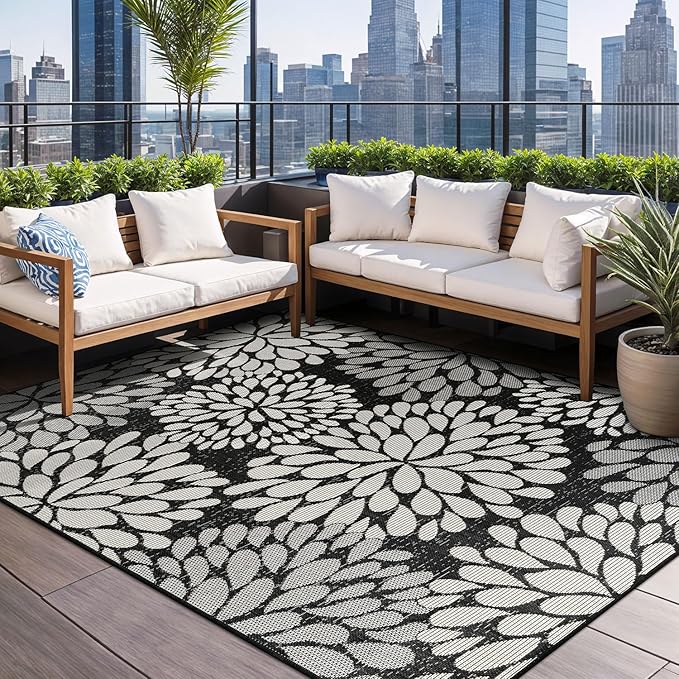 Beverly Rug Outdoor Rug 9x12 Modern Exotic Tropical Leaf Area Rugs for Indoor and Outdoor Patio Deck Porch Garden Water Resistant Washable Outside Carpet (9 x 12 Dark Gray)-Ruum Studio Home
