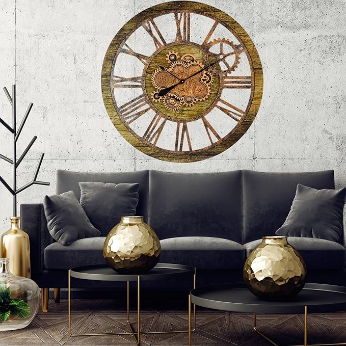 The Gears Clock 36'' Inch Real Moving Gear Wall Clock Vintage Industrial Oversized Rustic Farmhouse (Gold Antique)-Ruum Studio Home