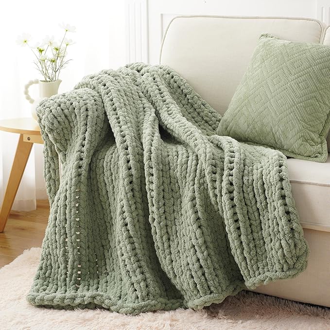 Battilo Chunky Knit Throw Blanket, Soft and Thick Chenille Throw Blanket, 50"x60" Handmade Cable Knit Crochet Blanket, Large Rope Knot Throw Blankets for Couch Sofa Bed Home Decor, Light Green-Ruum Studio Home