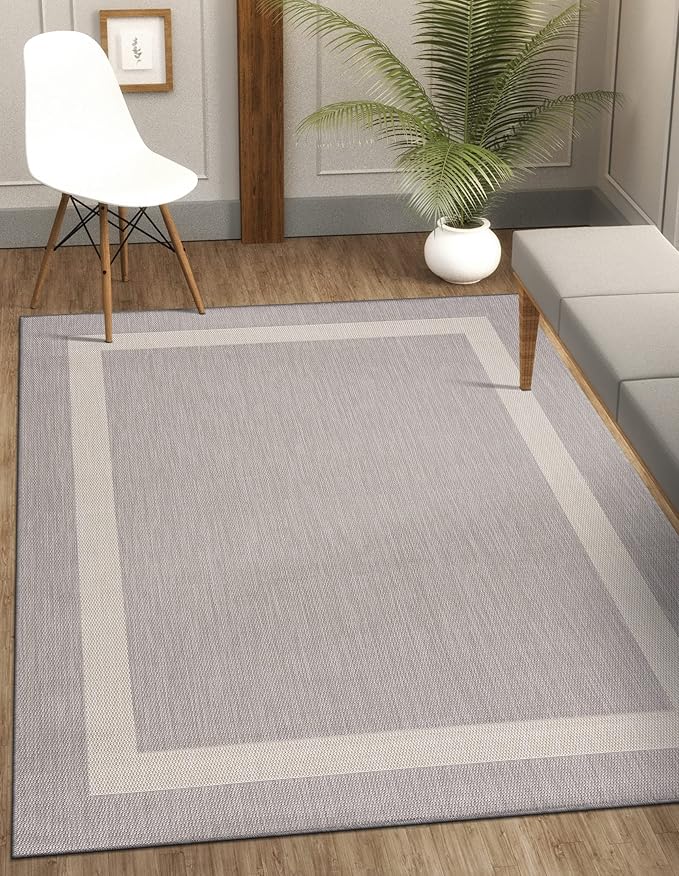 CAMILSON Outdoor Rug 9x12,Large Modern Outside Rugs for Patios Porches Waterproof Durable Washable Non-Shedding, Easy-to-Clean Indoor Outdoor Area Carpet (9 x 12, Bordered - Gray/White)-Ruum Studio Home