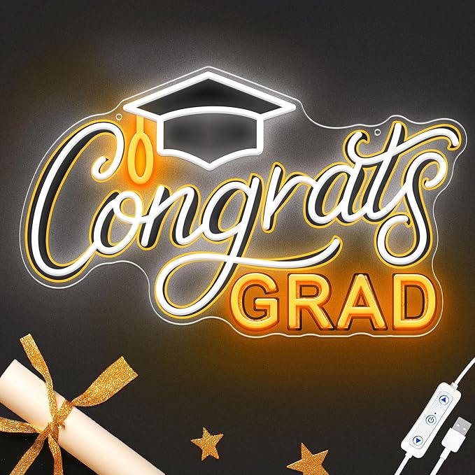 SELICOR Congrats Graduation Neon Sign with Cap - 15" x 8", Adjustable LED Light Up Sign for Prom Party, Photos, Class of 2025 Celebrations, Graduation Gift for Dorm Backdrop Room Decor-Ruum Studio Home